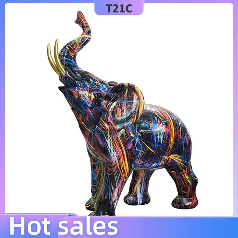

T21C 3X Painting Graffiti Elephant Sculpture Figurine Colorful Art Elephant Statue Creative Resin Animal Statue Decor C