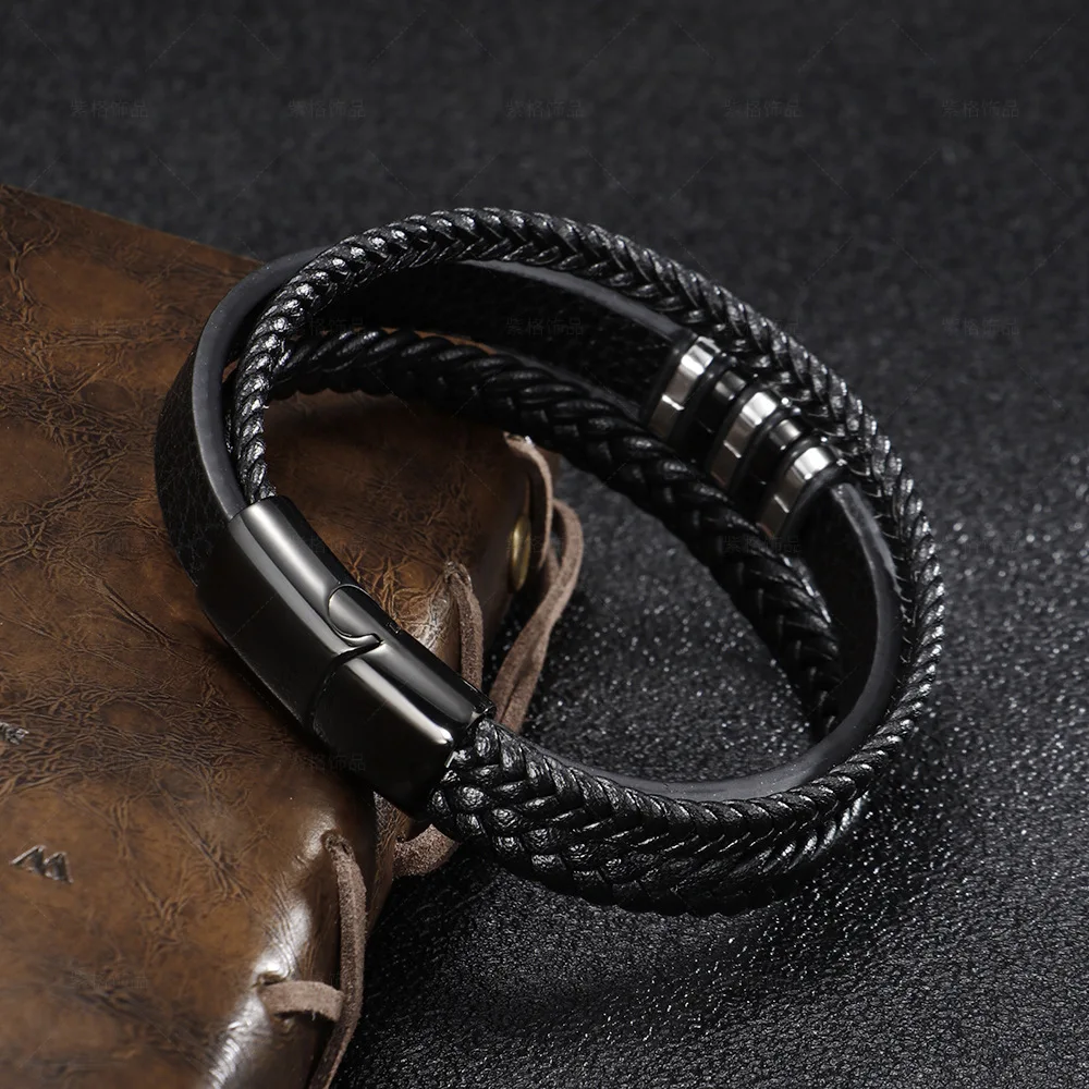Mens Leather Bracelet with Clasp Cowhide Multi-Layer Braided Leather Mens Bracelet
