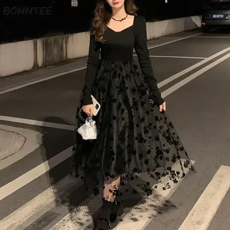 Black Dresses Women Gauze Square Collar Elegant Spliced Платье Женское Designer Aesthetics French Stylish Temper Sweet All-match