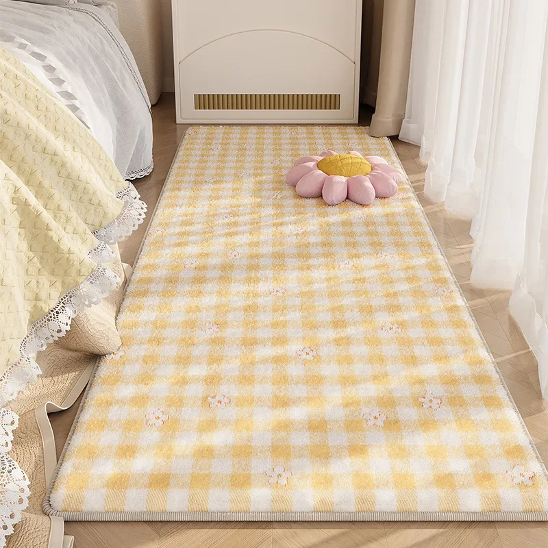 Girls' Heart Bedroom Fluffy Soft Carpet Sweetheart Plaid Pink Thickened Bedside Carpet Long Balcony Plush Rugs for Living Room