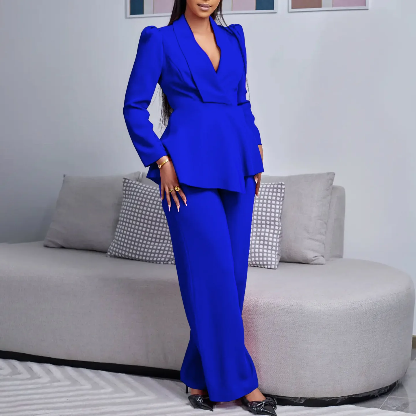 

D3315 Women's New Fashion Elegant Ol Ruffle Long Sleeve Top And Wide Leg Pants Set Lace Luxury Sexy Midi