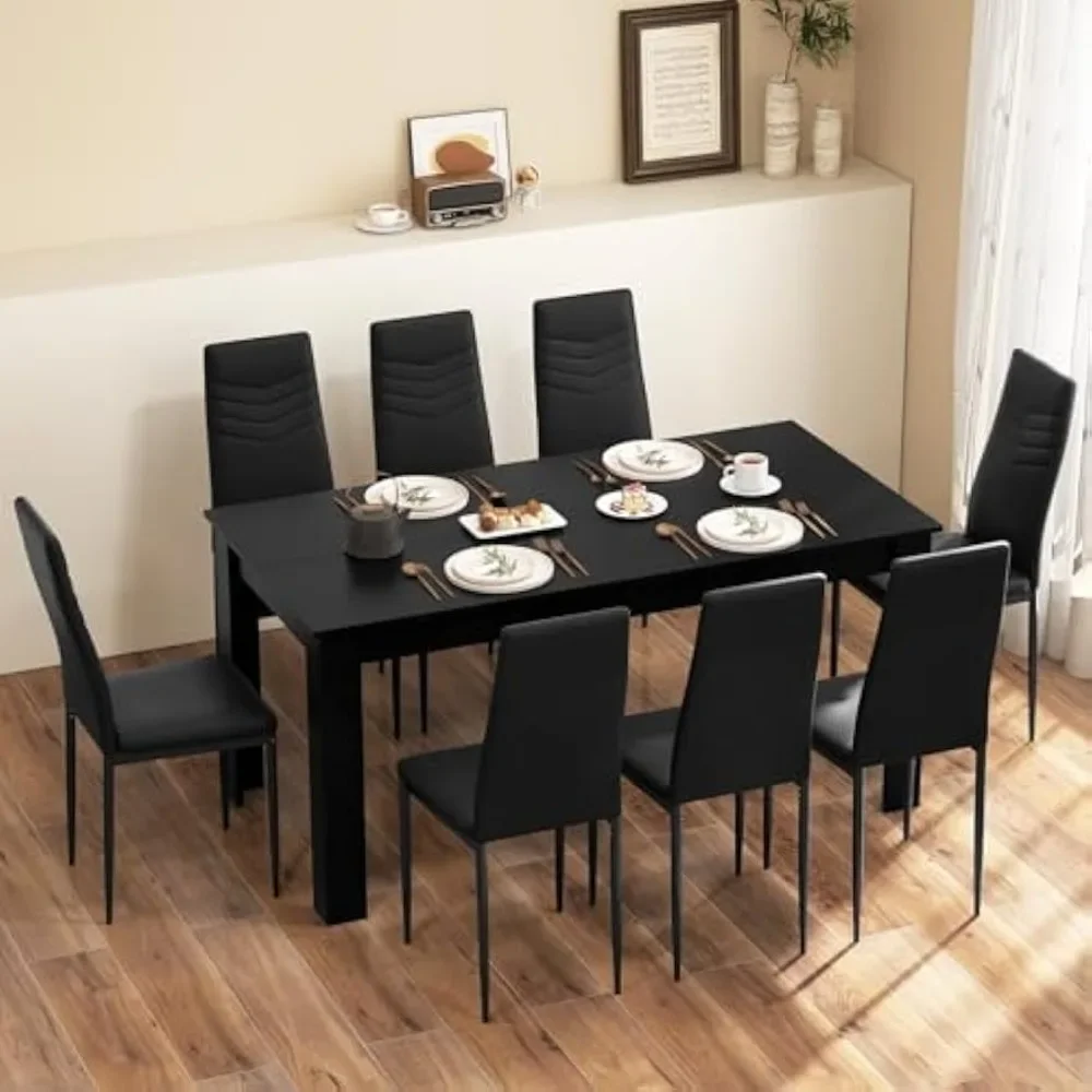 Dining Table Set for 8, Modern Rectangular Kitchen Table Set w/ 8 PVC Leather Dining Chairs