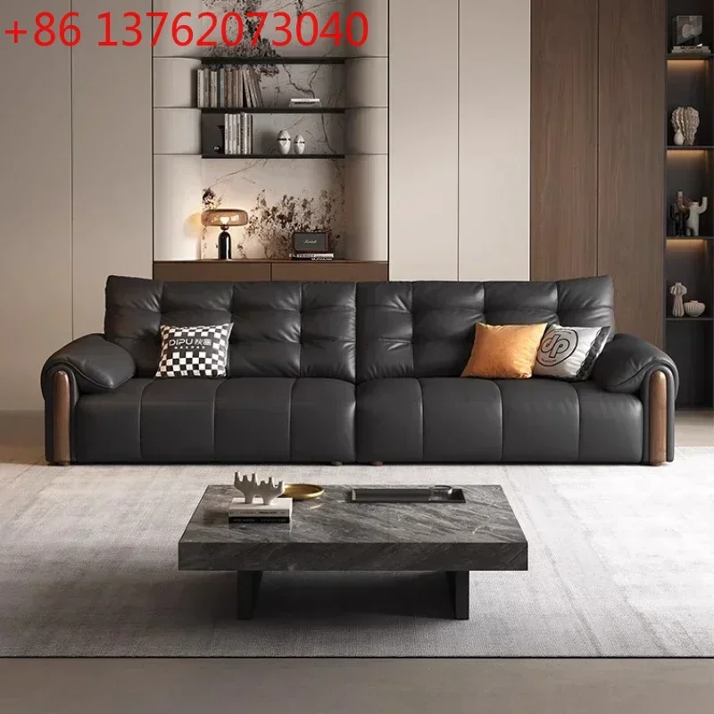 Luxury 3person Ottomans Sectional Sofa Neoclassical Solid Wood Decoration Retro First Layer Cowhide Sofa Living Room Black Couch