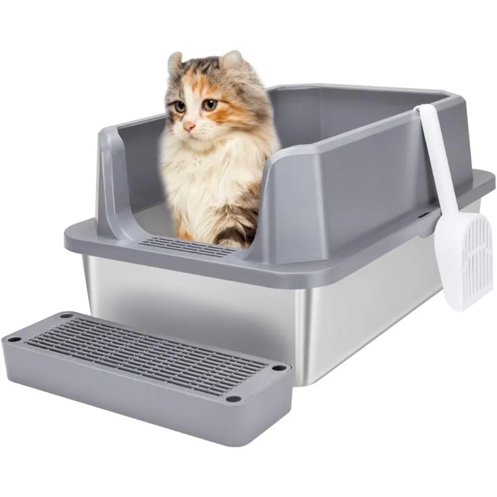 Stainless Steel Cat Litter Box, Semi-Enclosed Litter Box with Raised Edges, Anti-Leakage & Odorless, Large Litter Box