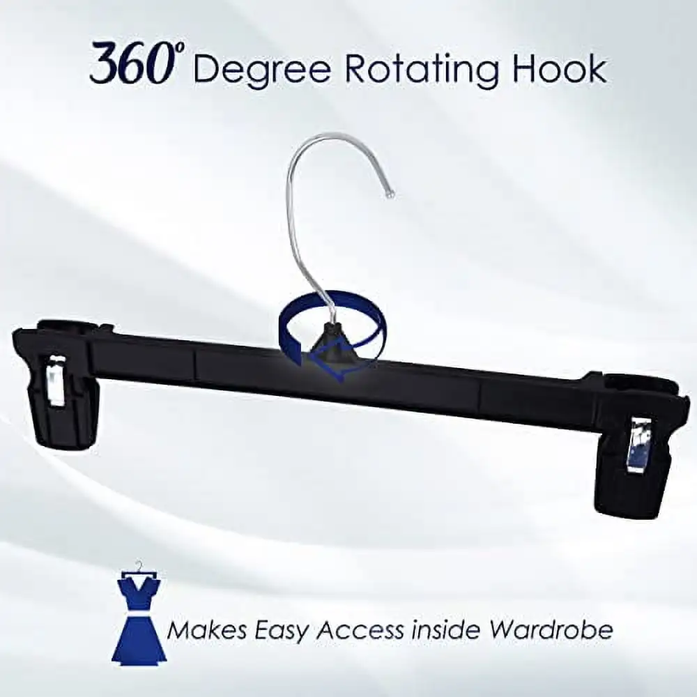 

Recycled Black Heavy Duty Plastic Pants & Skirt Bottom Hangers with Padded Pinch Clips and Polished Metal Swivel Hooks, 12 Inc
