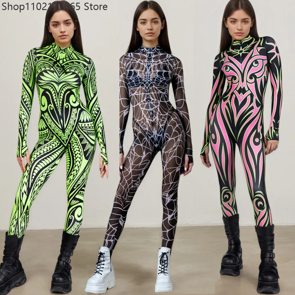 

Cyberpunk Spandex Bodysuit Women Jumpsuit Geometric Grid Print Halloween Cosplay Costume Festival Rave Party Tight Zentai Suit