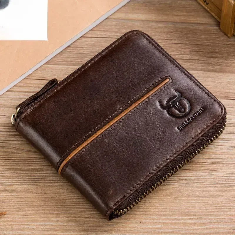 retro RFID zipper with compartment men's wallet RFID credit card holder anti-theft leather mini men's wallet