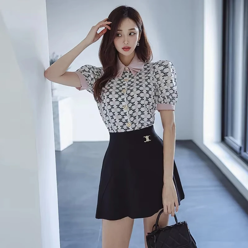 High Quality Short Skirt Korean Style OL Lady Polo Neck Bubble Sleeve Print Top High Waist  A- Line Short Skirt Set セットアップ レディース