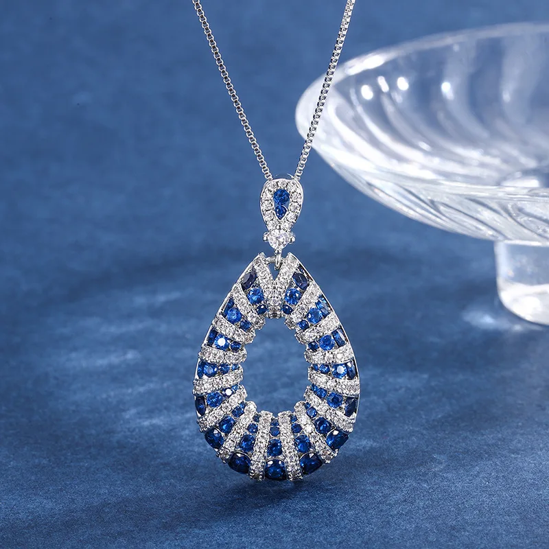 

Sapphire necklace, pendant, earring set, luxury charm, S925 silver, wedding, party, commemorative birthday party gift