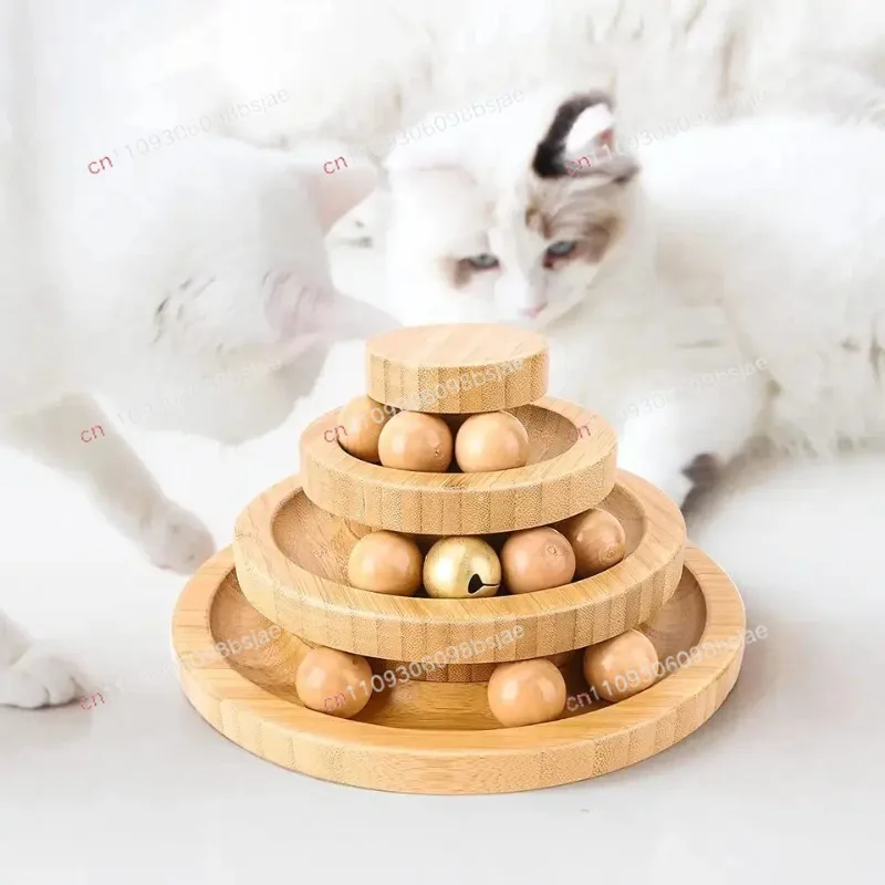 Cat toy self-hi boredom relief artifact cat turntable solid wood teaser stick bell kitten automatic teaser ball