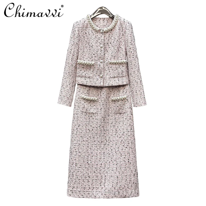 

Heavy Fashion Long Sleeve Tweed Short Jacket + Slit Long Skirt 2025 Autumn Winter New High-end Beaded Women's Two-piece Set