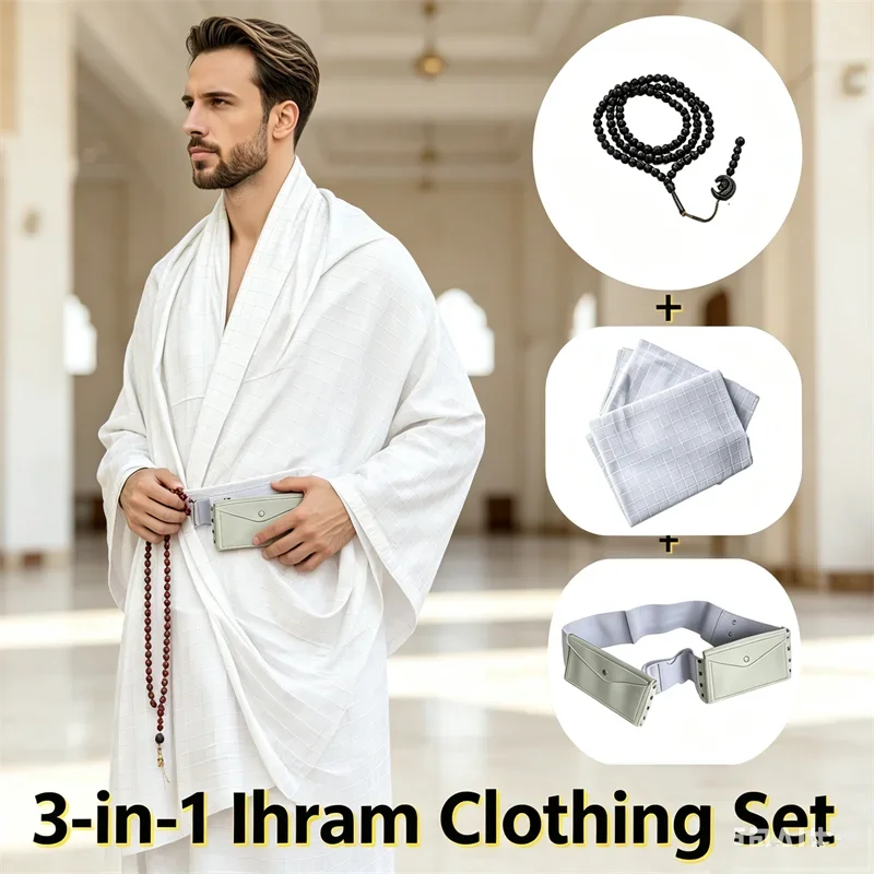 Muslim Men Ihram Hajj Umrah Suit White Grid Pilgrimage Towel Shawl Tasbih Prayer Beads Bag Islamic Ramadan Worship Jubba Thobe