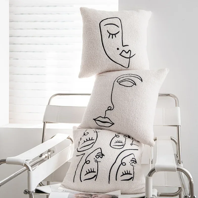 Lambswool Embroidered Cushion Cover 45x45 Nordic Beige White Abstract Art Pillowcase Light Luxury Decorative Pillows for Sofa