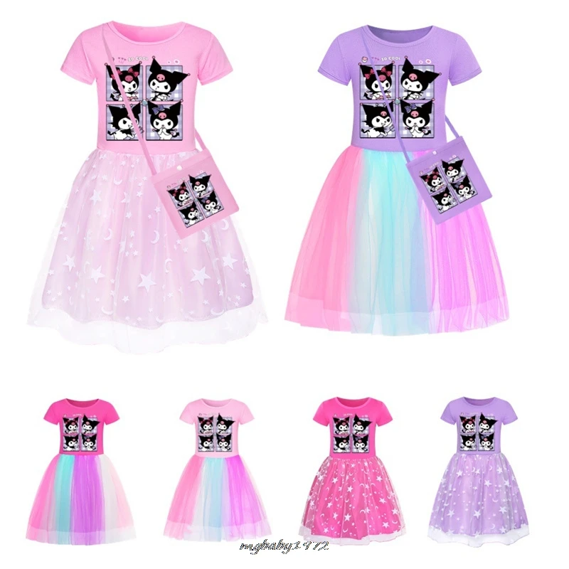 Summer Lovely Kuromi Melody Clothes Kids Aesthetic Graphic Tshirt + Rainbow Dress Girls Fancy Wedding Party Princess Vestidos