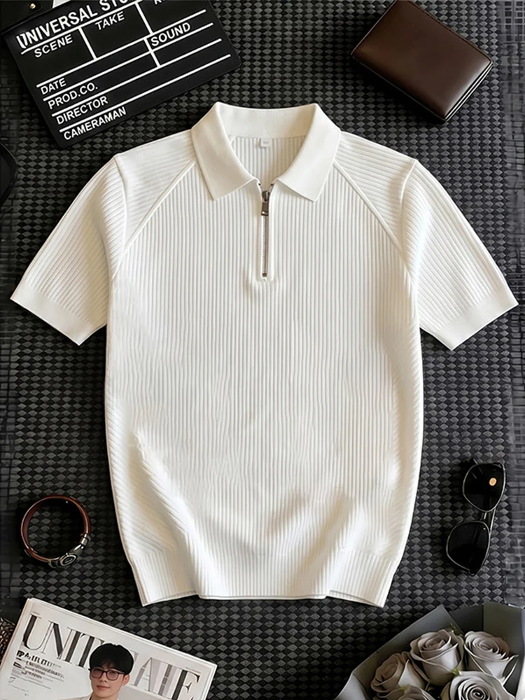 Men's  Shirt Texture Half Zip Short Sleeve Summer Deconstructed Patchwork Shoulder T-Shirt Mature Stable Collar Half Sleeve