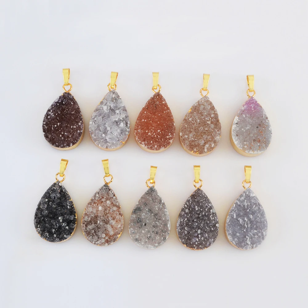 

BOROSA Art Deco Golden Plated Water Drop Agate Druzy Pendant Connector Natural Stone Charms for Women Necklace Statement Jewelry