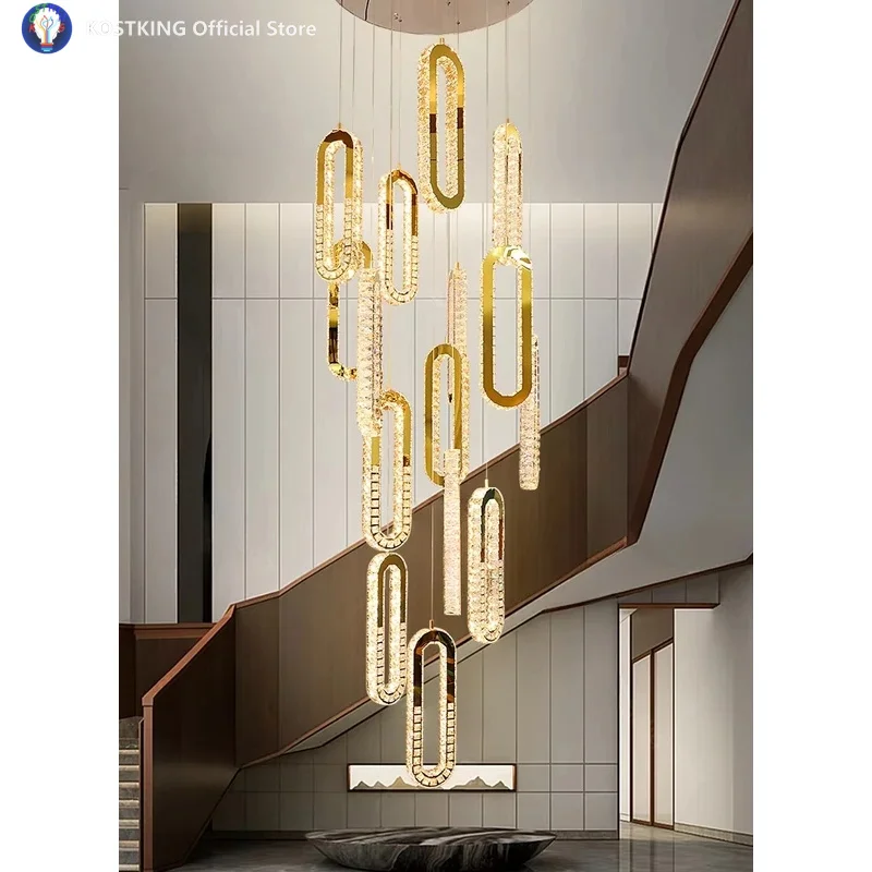 

Luxury Elegant Crystal LED Pendant Lights Villa Stairs Living Room Chandelier Hotel Loft Hanging Lighting Decor Modern Design