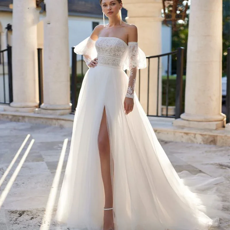 Robe de mariée en tulle beige élégant, robe de mariée en dentelle appliquée, camisole A-ligne fendue, manches bouffantes, robe de mariée éducative