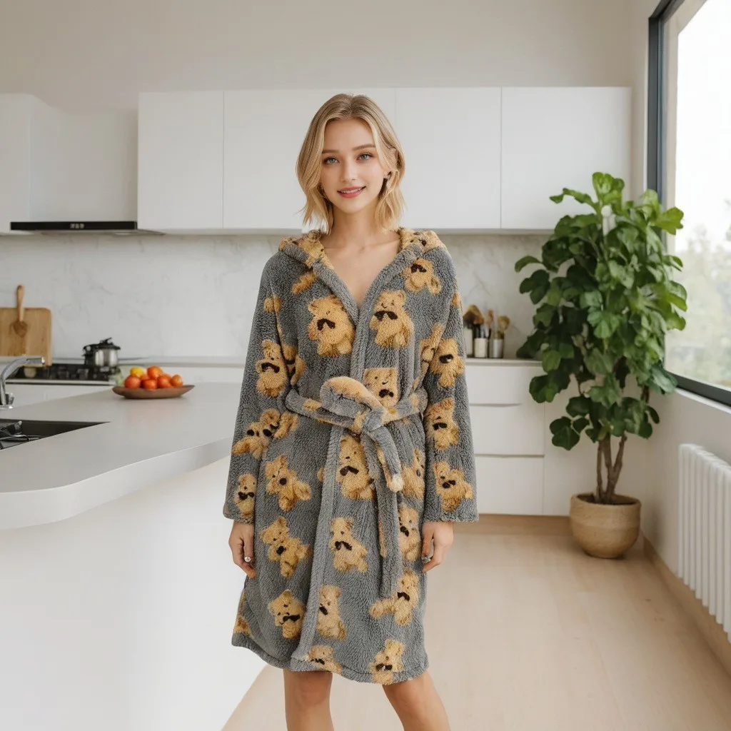 Donne flanella Kimono Robe Sleepwear inverno nuovo spesso caldo corallo accappatoio in pile indumenti da notte Cartoon Hooded Home Wear Loungewear