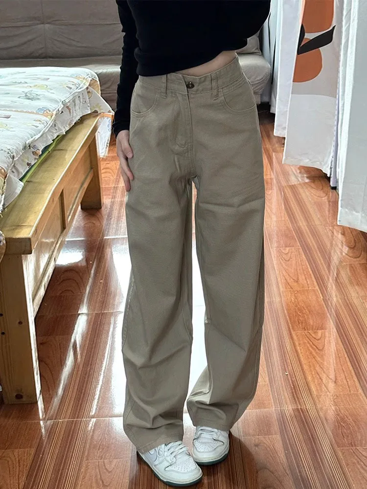 

Джинсы цвета хаки для работы, женские джинсы с высокой талией, широкие прямые длинные брюки, осенние новые утягивающие повседневные джинсы больших размеров