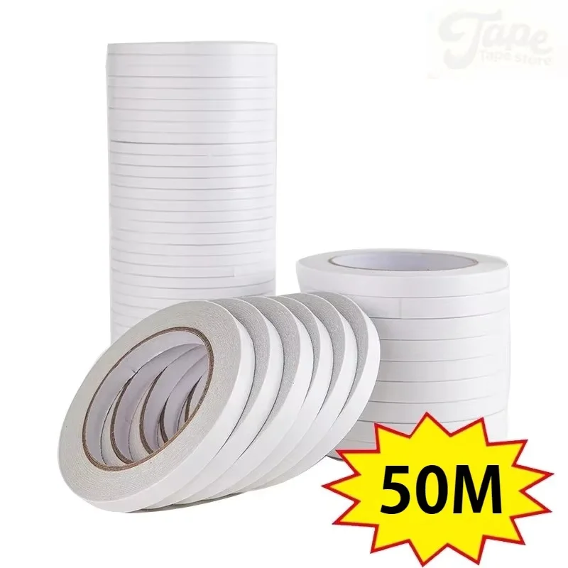 Ruban adhésif puissant de 50 m, ruban adhésif double face, ruban blanc ultra-fin pour la maison et le bureau, autocollant adhésif double face pour travaux manuels