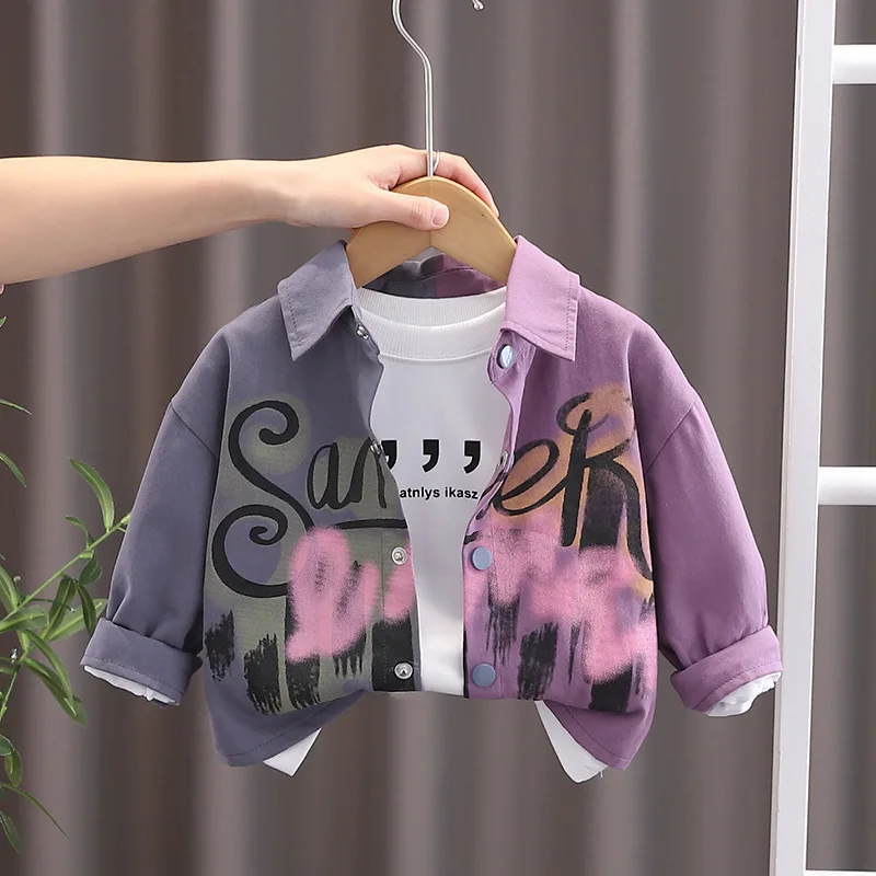 

Spring and Autumn1-5Year-old Boys Tie-dye Color-blocking Letter Cotton Woven Long-sleeve Shirt Unique Top