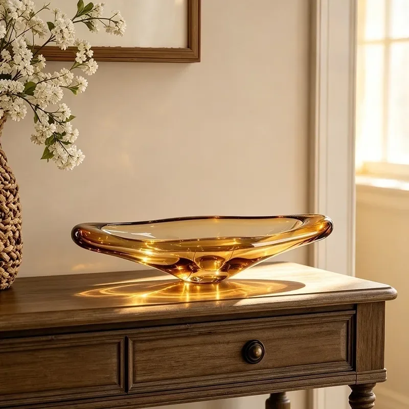 Handmade Amber Glazed Glass Fruit Plate Medieval Style Unique Shape Luxury Home Decor Soft Ornament for Hotel Lobby