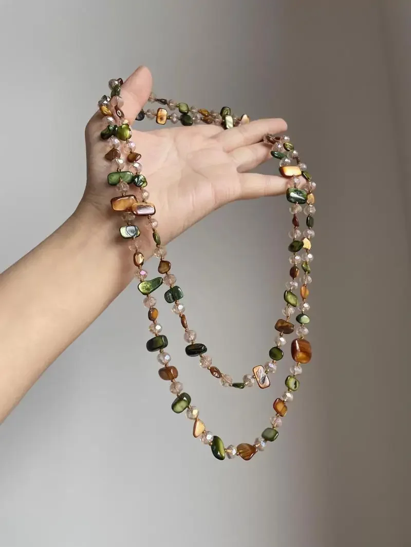 Bohemian Multicolor Irregular Natural Stone Shell Crystal Glass Beads Beaded Necklace for Women Long Strand Sweater Chain
