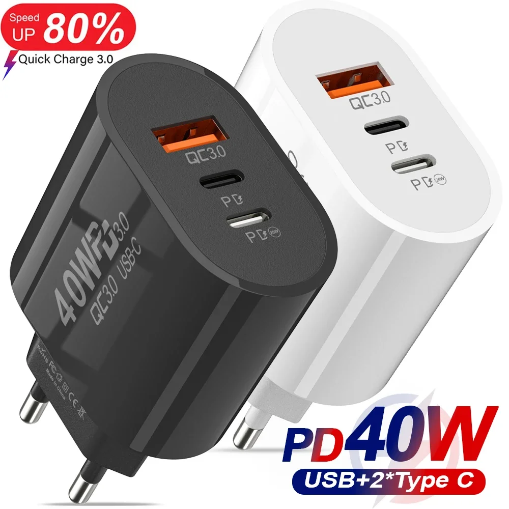 USB QC3.0 Fast Charging Charger Adapter PD40W 2 Type C Mobile Phone Chargers Multiport Travel Chargers for Apple Android EU/US