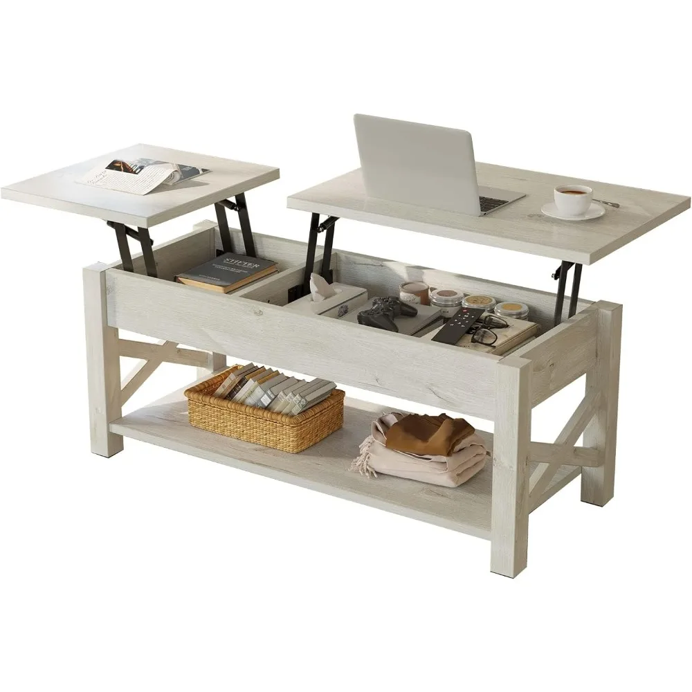 

47.2 Lift Top Coffee Table with Hidden Compartment, 2 Way Lift Top Coffee Table with Open Shelf & X Wooded Support, Fa