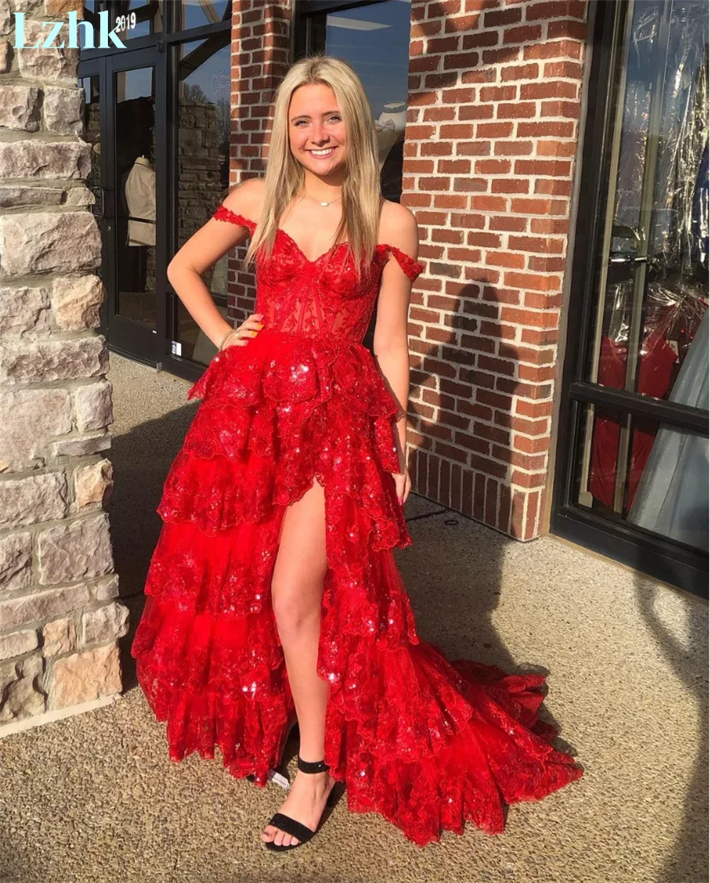 Sukienka wieczorowa z koronki, seksowna, z falbanami, w kształcie litery A, z cekinami, z odkrytymi ramionami, delikatna, z dekoltem w serduszko, فستان سهرة نسائي