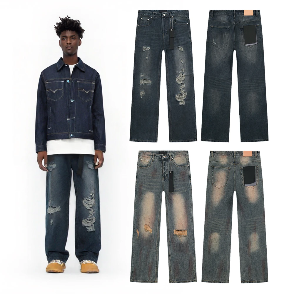 

Y2k Свободные прямые джинсовые рваные джинсы Мешковатые брюки Хип-хоп Уличный стиль Ретро Потертая повседневная уличная одежда Джинсы для мужчин