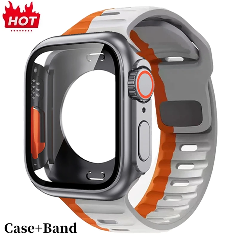 

Silicone strap For Apple Watch 44mm 45mm 41mm 40mm Bracelet+Screen protectores Change to Ultra For iWatch Series 9 8 7 SE 6 5 3