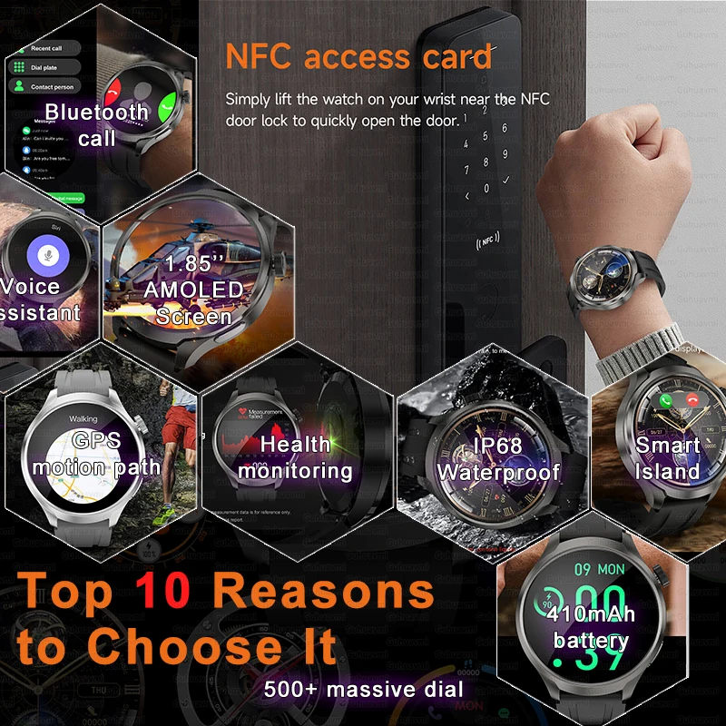 2024 ใหม่กีฬากลางแจ้งสมาร์ทวอทช์ผู้ชายหน้าจอ AMOLED NFC GPS เข็มทิศอัตราการเต้นของหัวใจกันน้ำบลูทูธโทรสมาร์ทวอทช์