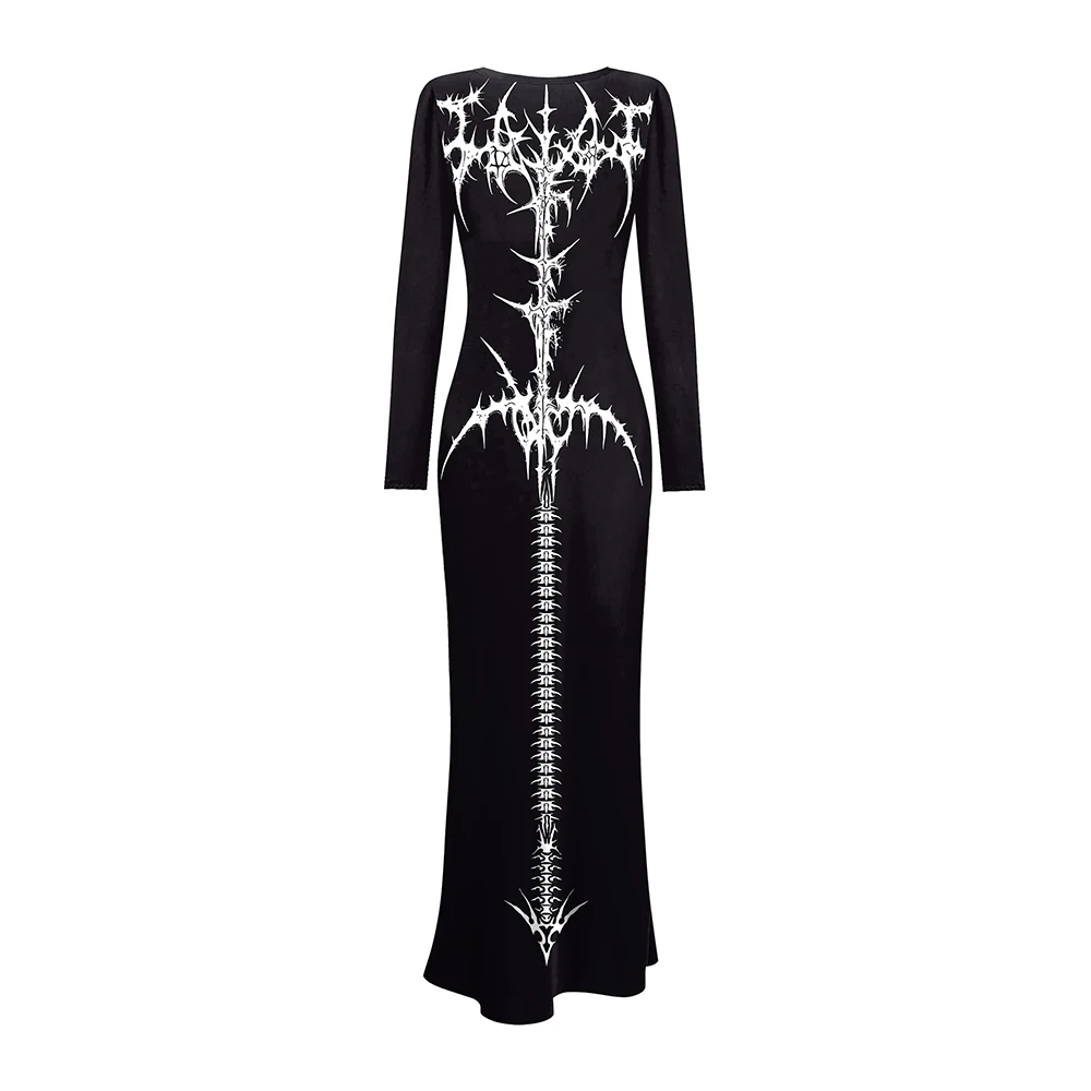 Carnaval Heks Gothic Cosplay Kostuum Vrouwen Retro Slip Lange Jurk Volwassen Lange Mouwen Jurk Skeletprint Feest Fancy Kleding