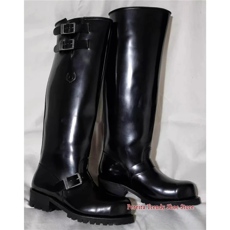 

Черные рыцарские сапоги в стиле ретро на толстой подошве для мужчин, сапоги до колена на массивном каблуке с пряжкой на ремне, осенне-зимняя модная уличная мужская обувь