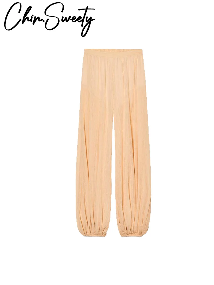 الرجعية فضفاضة طباعة السراويل النساء عادية عالية الخصر فانوس طويل الشارع الإناث السراويل 2025 الصيف الخريف انظر من خلال السراويل سيدة