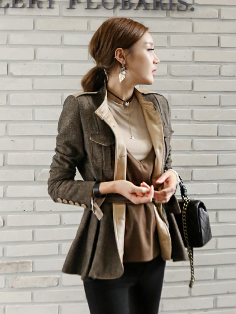 Elegant Office Women Short Jacket Coat Casual Vintage Stripe Single Breasted Belt Slim Lady Femme Mujer Autumn Winter Outerwear