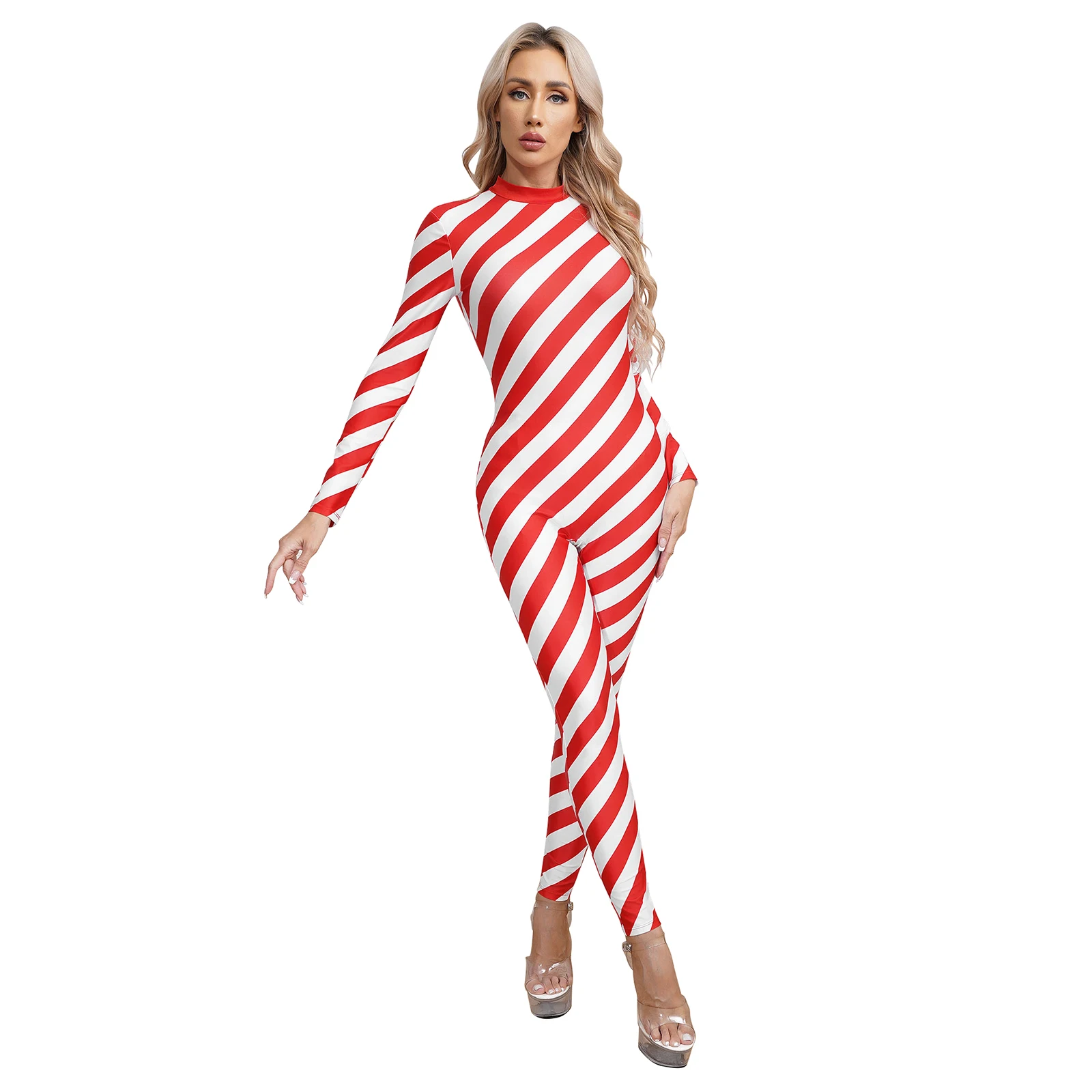 Womens Christmas Costume Candy Cane Stiped Bodysuit Jumpsuit One Piece Dance Leotard Unitard for Ballet Gymnastics Xmas Party