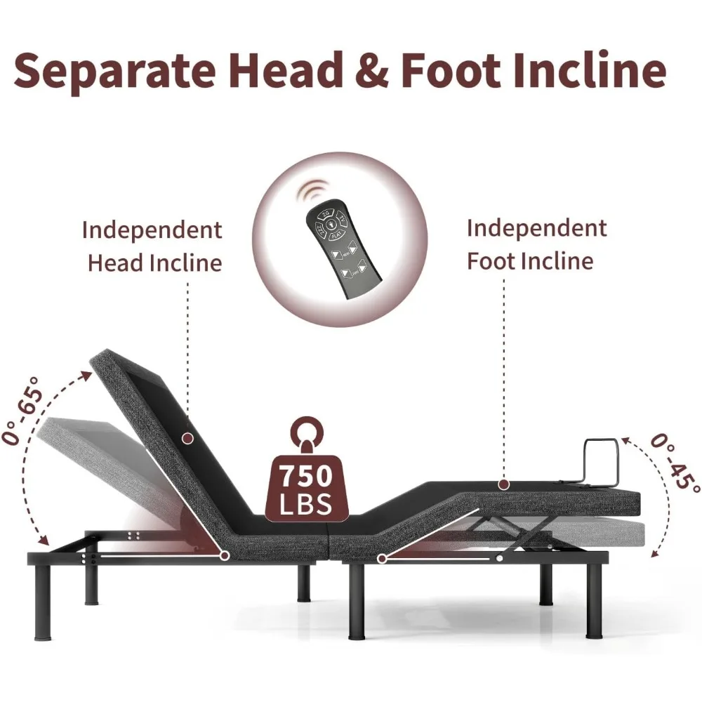 إطار سرير قابل للتعديل، أسرة قابلة للتعديل مع إطار سميك محدث، جهاز تحكم عن بعد لاسلكي، رفع منفصل للرأس/القدم، بدون جاذبية