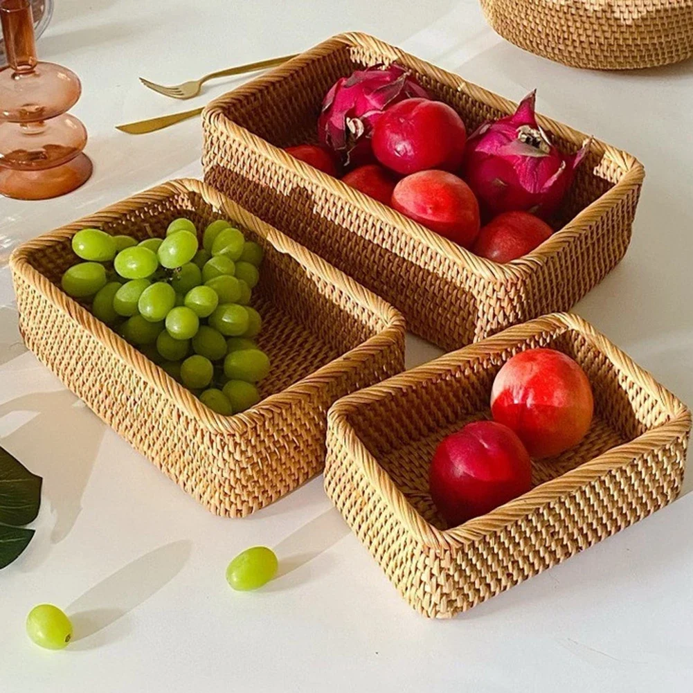 Hand-woven Round Artificial Rattan Wicker Basket Handmade Rattan Basket Household Food Cosmetic Storage Box for Cake Snack Drink