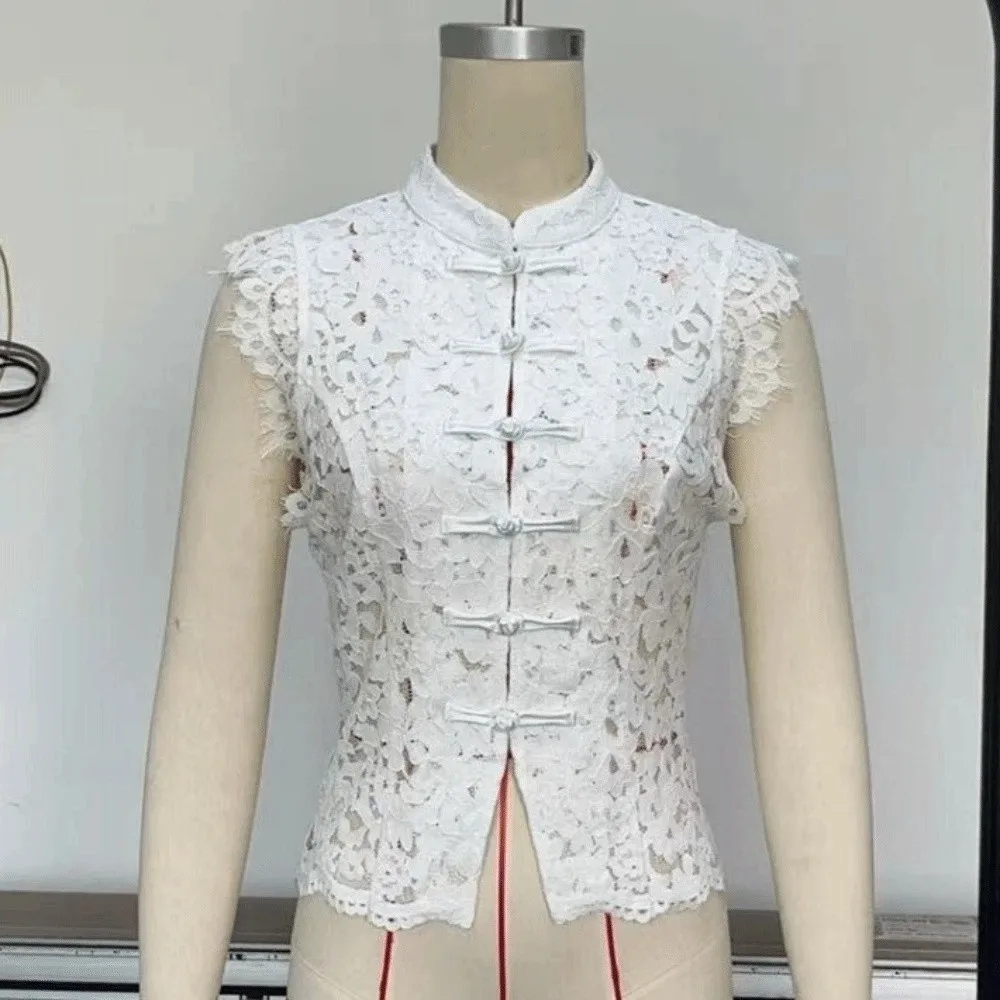 Elegant Slim Fit Lace Crop Top Stand Collar Frog Button Sleeveless Vest Hollow Out Summer Y2K Girl Tops Women