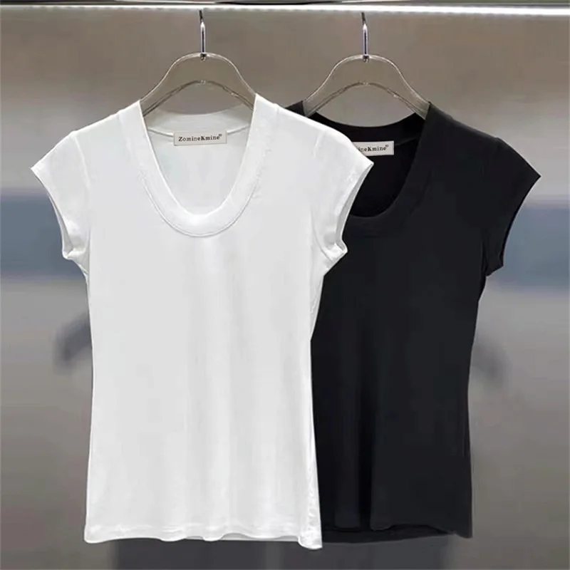 

White round-neck ribbed short-sleeved T-shirt for women a unique style for 2025 summer slim-fit pure cotton top