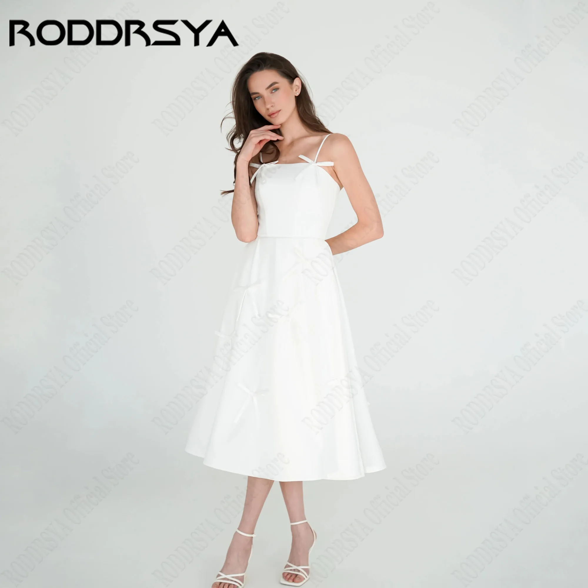 RODDRSYA A-Line Satin Bride Dresses With Bows Square Neck Spaghetti Straps Wedding Gowns Backless vestidos para mujer Customized