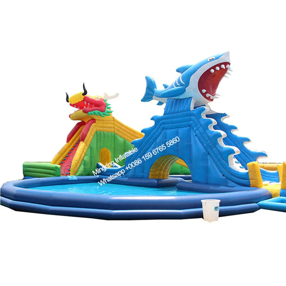 

Commercial Mobile Giant Inflatable Ground Dragon and Shark Water Park, Onland Water Slide with Swimming Pool