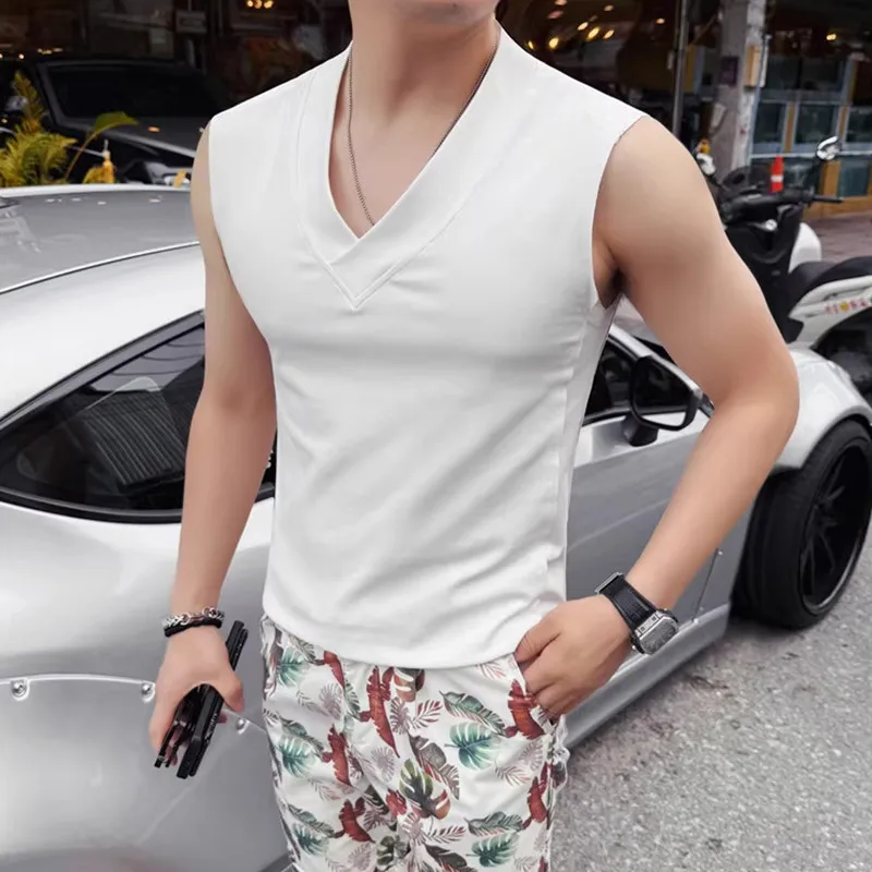

Summer Thin Svel V-Ne Men's Vest Faion Fitn Casual Elastic Sweatirt irt Korean Sle Regular Length Pure Color