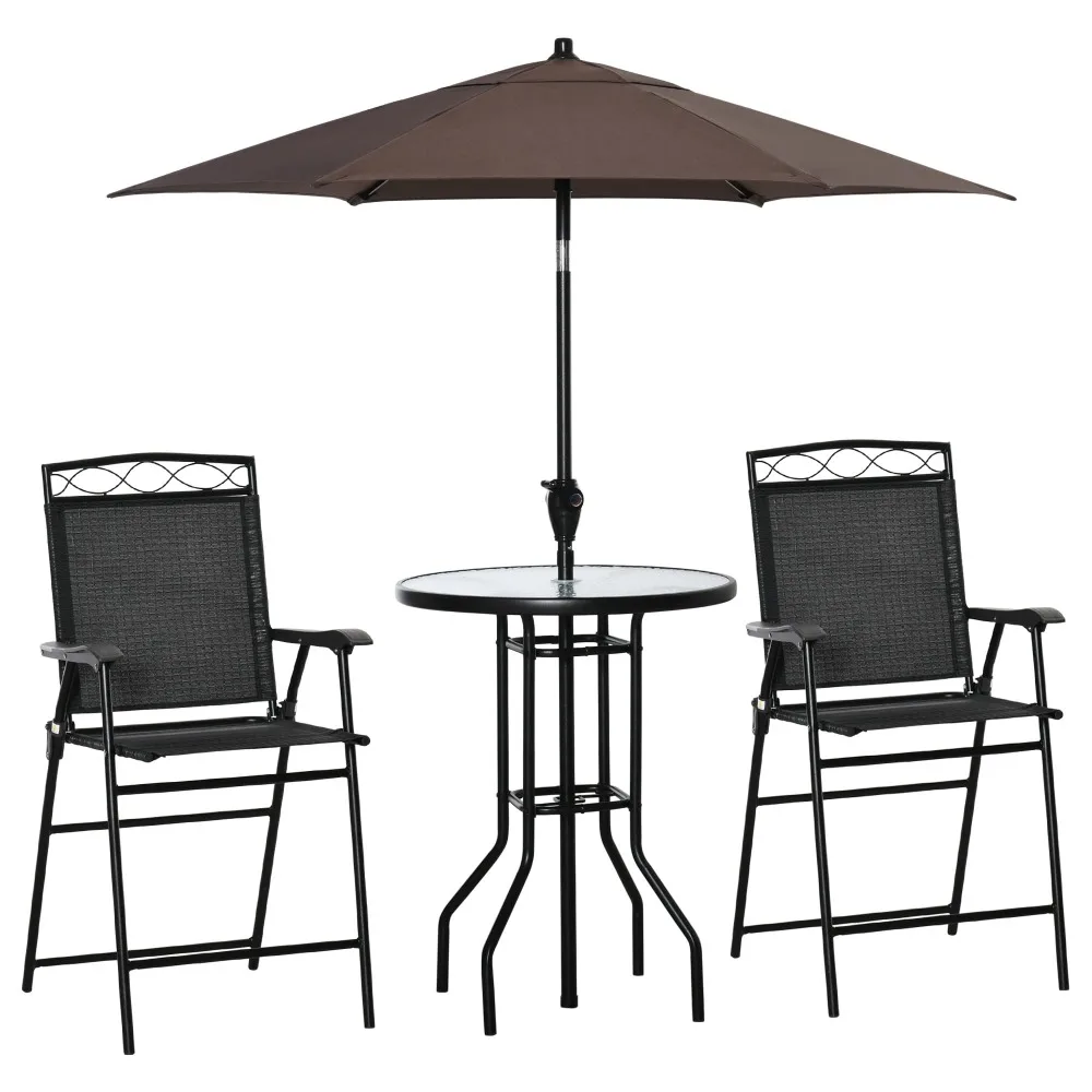 4 Piece Outdoor Patio Dining Furniture Set, 2 Folding Chairs,Adjustable Angle Umbrella,Wave Textured Tempered Glass Dinner Table