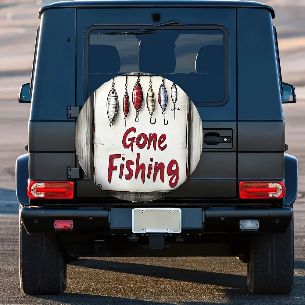 1pc, Spare Tire Covers With A 'Gone Fishing' Design, Made From Versatile 100% Polyester, Suitable For Outdoor Parking Without El
