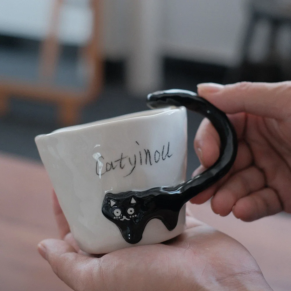 Creative Cartoon Cat Hand Painted Ceramic Mug Cups Korean Cute Ins Handgrip Homehold Drinkware Juice Milk Cup Coffee Mugs