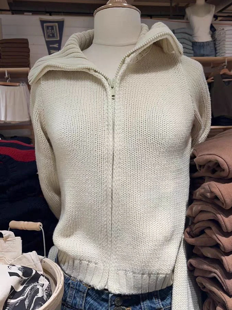 Beige Vintage Knitted Cardigan Sweater Women Autumn Winter Thick Turn Down Collar Zipper Sweater Solid Sweet Short Knitwear Tops